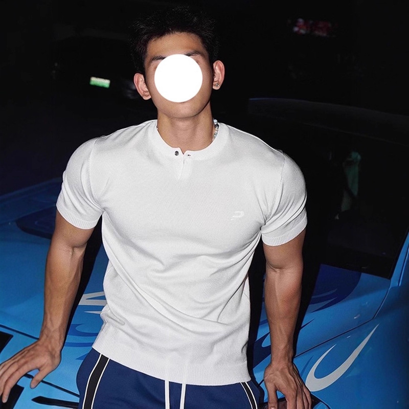 American Single-Button Henry Collar Short-Sleeved Knitwear Men's Summer Slim Sports Printed T-Shirt Showing Muscle Fitness Half-Sleeve