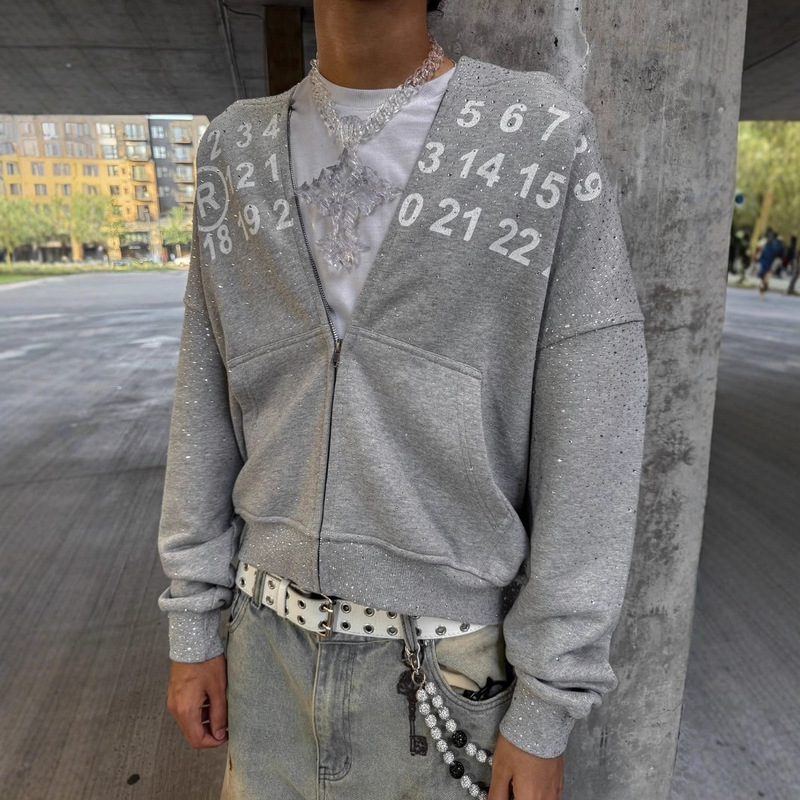 Cross-Border Trendy Brand 2025 Autum Zipper Hoodie American High Street Digital Printing Baby's Breath Diamond Sweatshirt Jacket