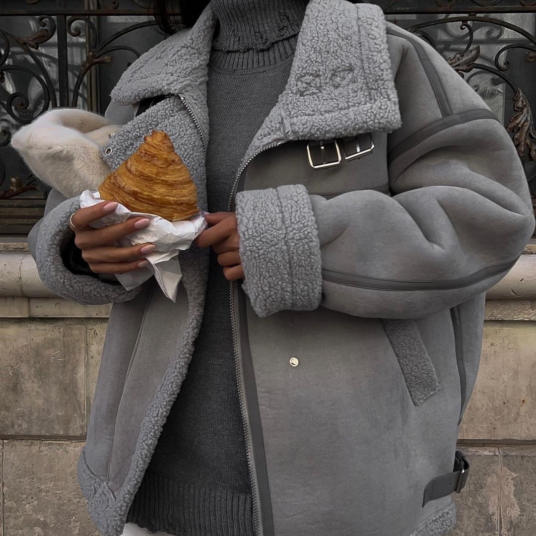 One piece lamb wool 2024 new design sense spliced street motorcycle style cotton jacket_voghion.com