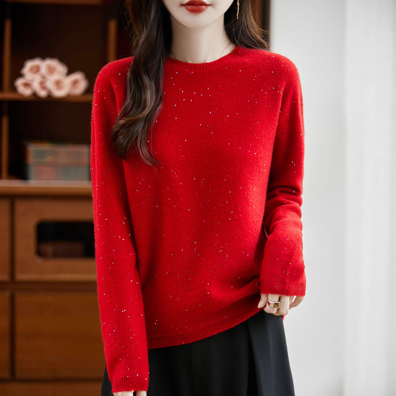100% Pure Wool One-Line Ready-To-Wear Sequined Round Neck Knitwear for Women in Autumn and Winter, Glitter Knitwear for Lazy Style Outer Wear