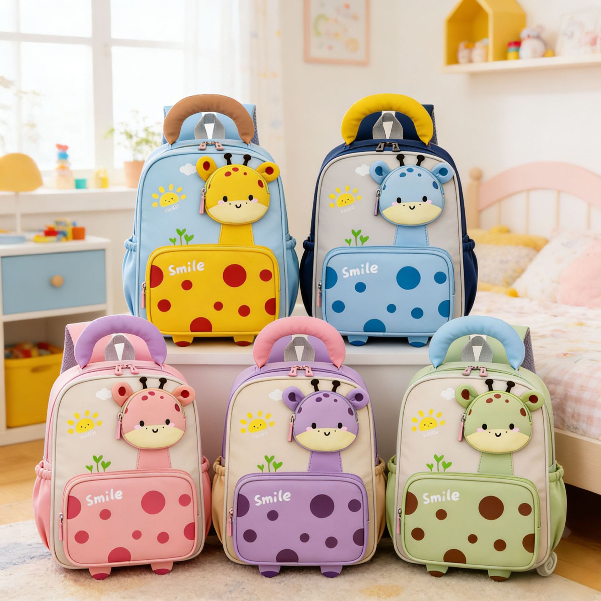 New Trendy School Bag, Cute Baby Giraffe Backpack, Lightweight Children's Double Backpack for Kindergarten and Older Classes, Cross-Border