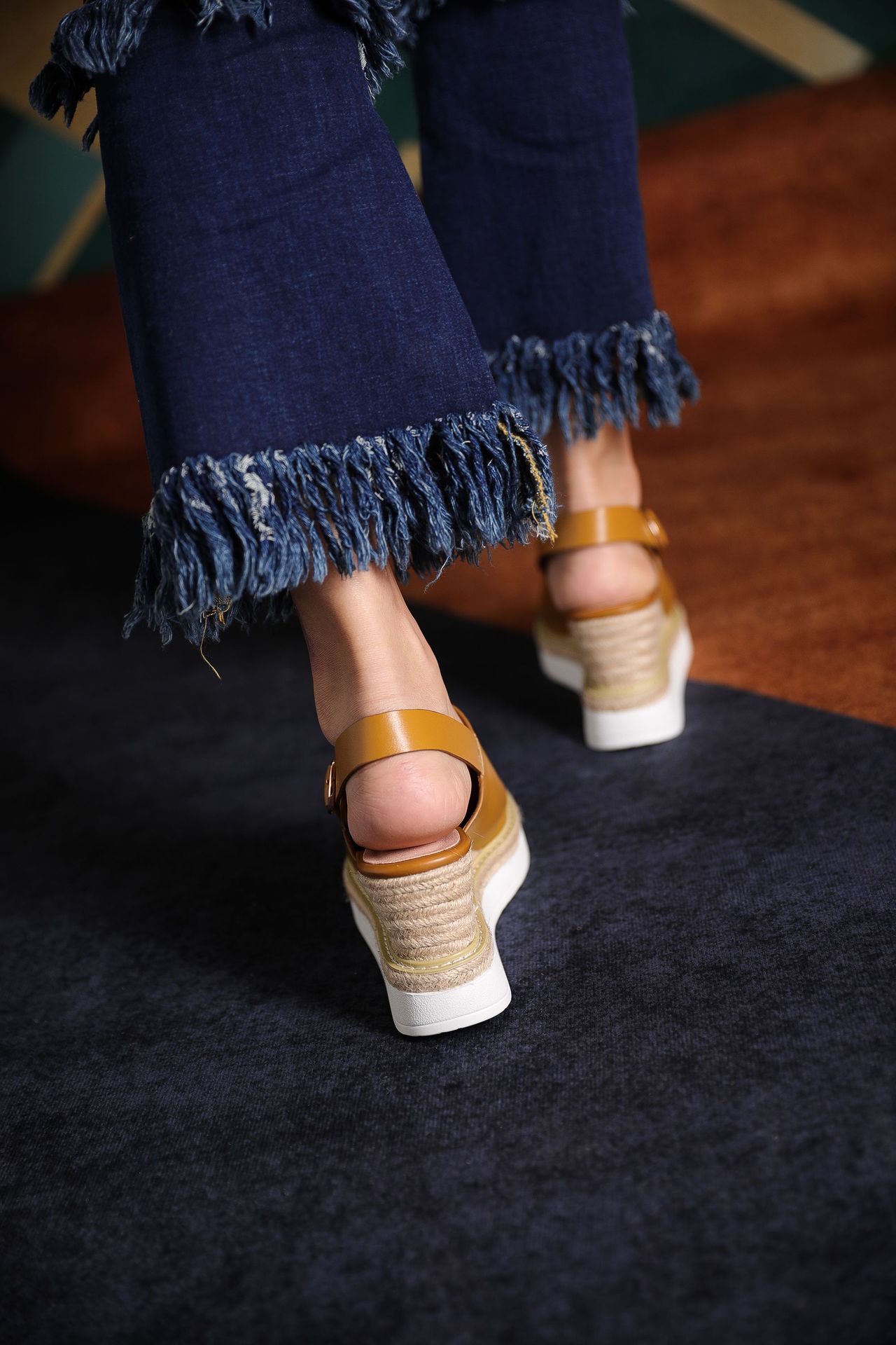 Sandal cao gót nữ hở mũi đế xuồng đan rơm phong cách châu Âu — Nâu vàng chi tiết 14