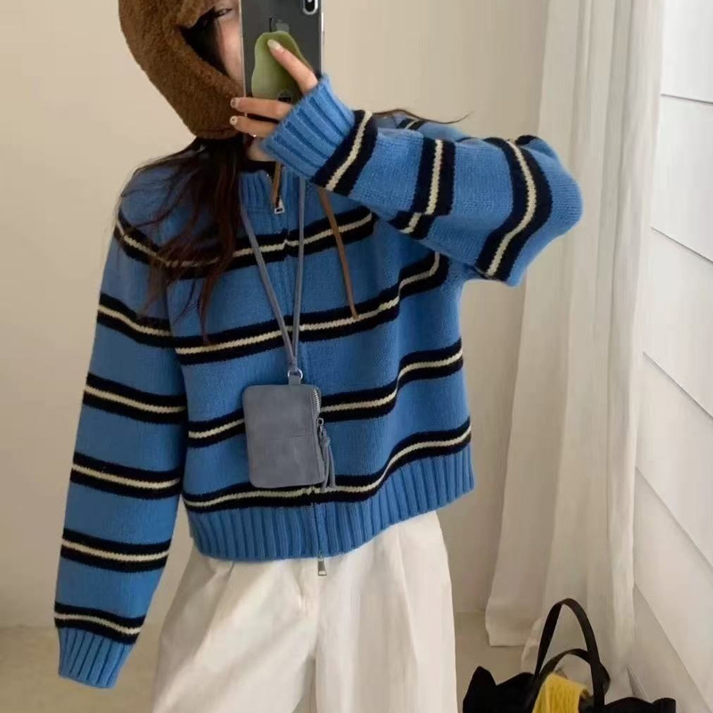 拼色条纹圆领毛衣外套女秋季新款韩系宽松慵懒双拉链针织开衫上衣|undefined
