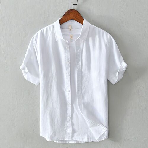 Men's Summer Loose Linen Cotton Casual Short Sleeve Shirts, Japanese Style, Fresh and Basic, Youthful and Literary