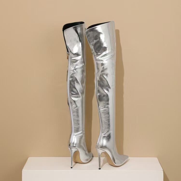 Metallic Patent Leather Wish Aliexpress 2023 Foreign Trade Over-The-Knee Plus-Size Women's Boots Pointed Toe Stiletto Fashion High Heels