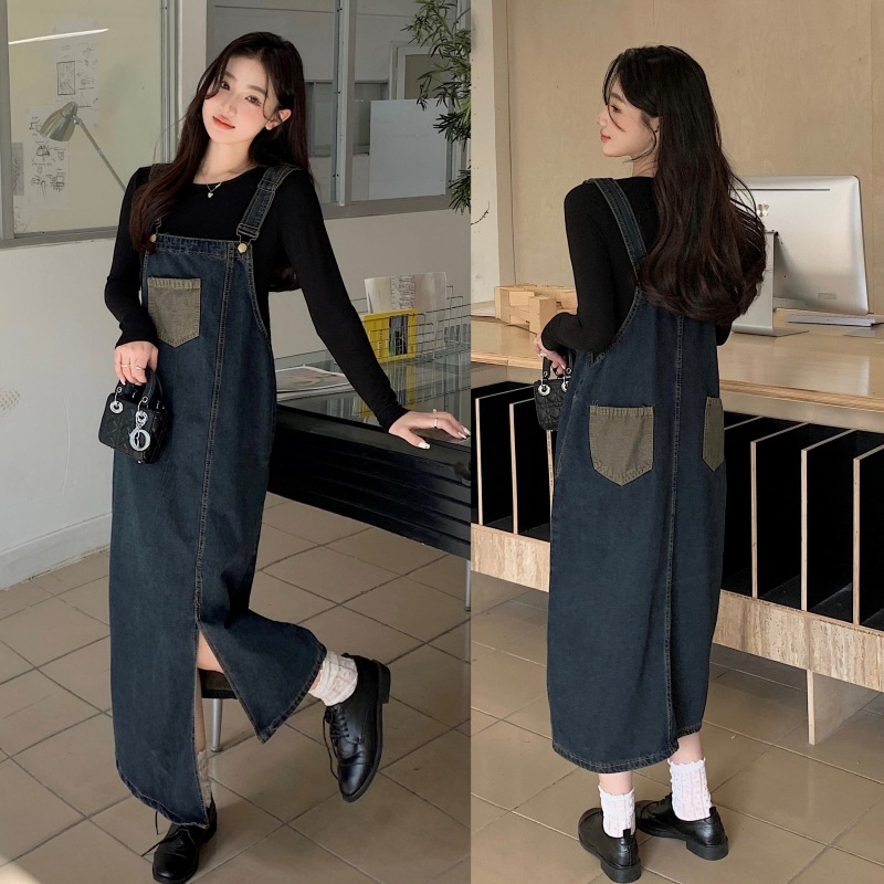 Ropa de embarazo de otoño 2025 nuevo estilo coreano de moda vaquero vestido de cinturón negro de dos piezas vestido de embarazo