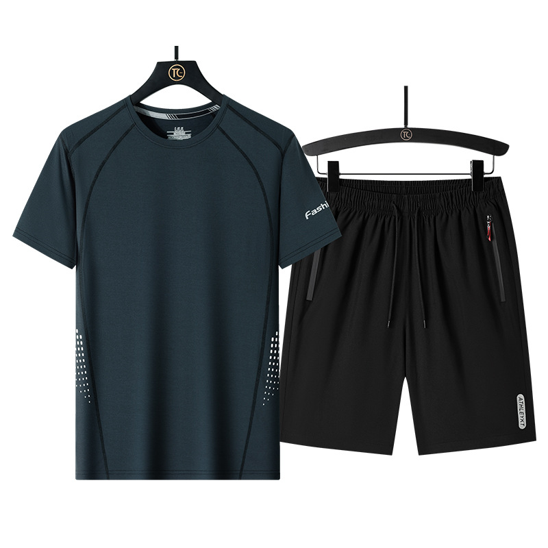 Traje deportivo de verano para hombres delgado seda de hielo casual manga corta dos piezas grandes pantalones sueltos transpirables rápidos secos para papá