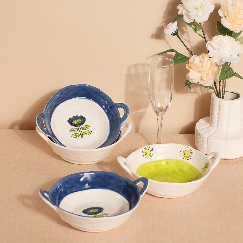 Irregular Ceramic Double-ear Oven Bowl Cheese Baked Rice Baking Pan Pasta Plate Microwave Oven Hand-painted Baking Bowl