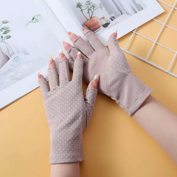 Summer Thin Sun Protection Gloves for Men and Women Driving Uv Protection Polka Dot Anti-Slip Half-Finger Cotton Gloves Cross-Border Foreign Trade