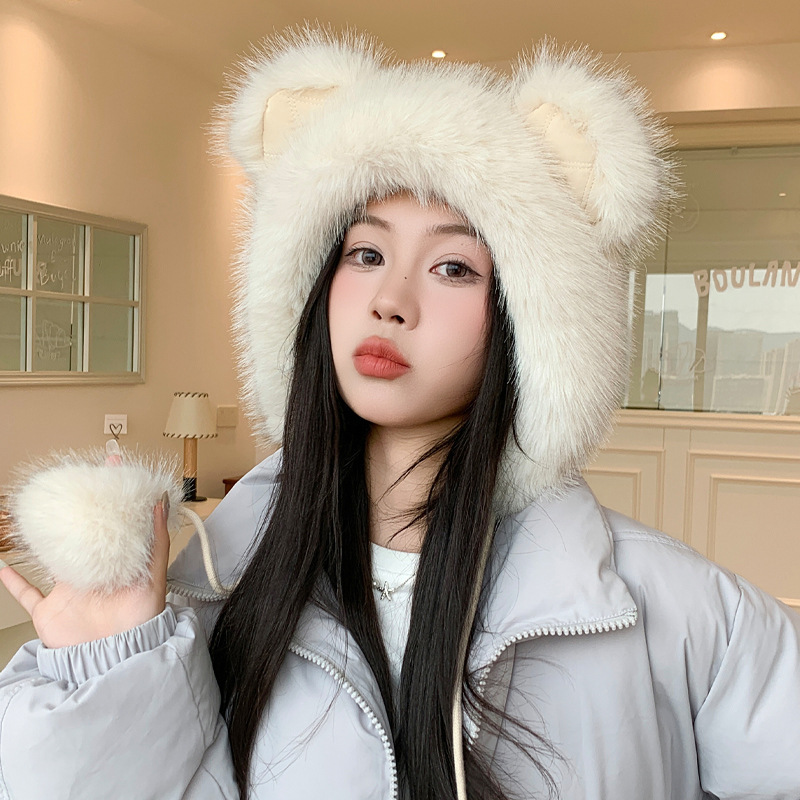冬季帽子女毛绒护耳保暖帽东北加绒加厚防寒帽可爱小熊耳朵雷锋帽|undefined