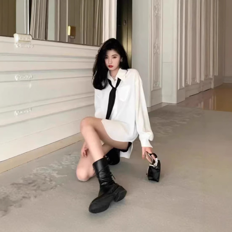 New Boyfriend-Style White Shirt, Loose Fit, Slimming Tie, Sexy Outfit, Long-Sleeve Design Top Set for Women