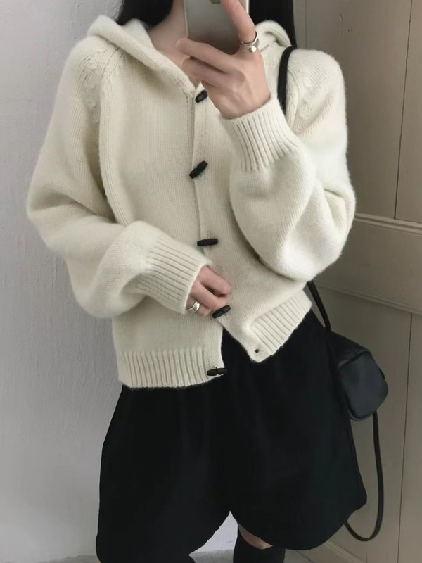 韩系复古牛角扣连帽毛衣开衫女宽松秋冬新款慵懒风显瘦针织衫外套|undefined