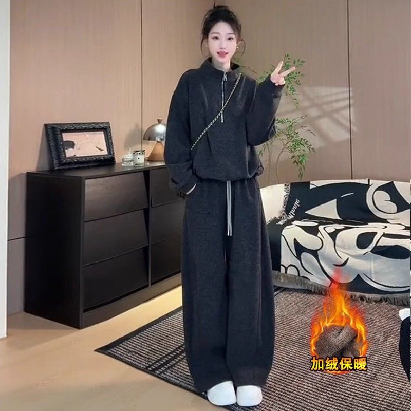 Fleece-Lined Thickened Fashion Sports Suit for Women 2025 Winter Stylish Slim Sweatshirt and Wide-Leg Pants Two-Piece Set Trendy