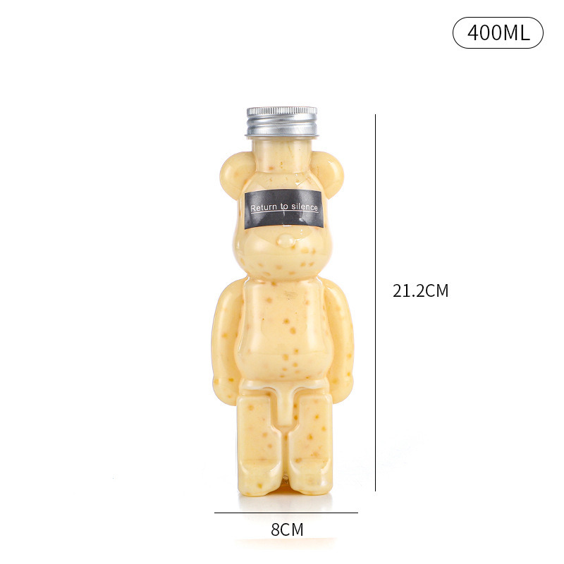 Oso violento botella de plástico transparente de dibujos animados para mascotas jugo de grado alimenticio creativo leche taza de té oso botella de bebida desechable