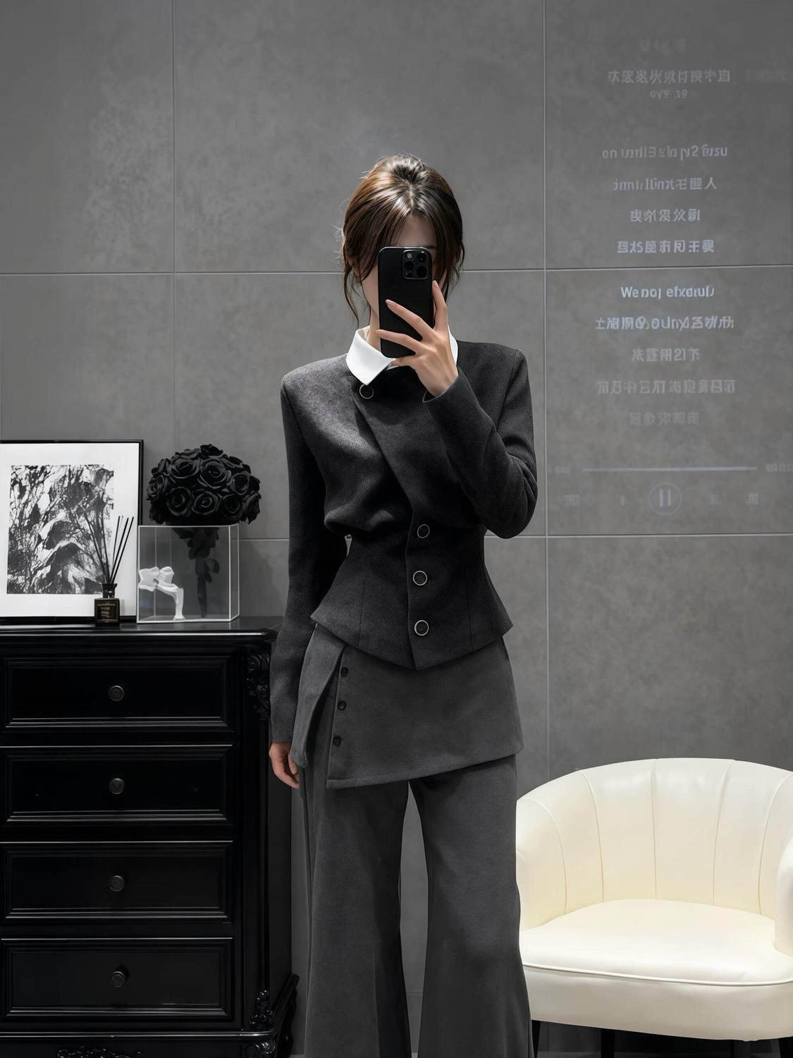 韩版气质高级感灰色假两件外套女2026收腰高端贵气小香风显瘦上衣