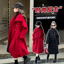 女童简约呢子大衣2024秋装儿童中长款毛呢外套深秋大童红色呢大衣