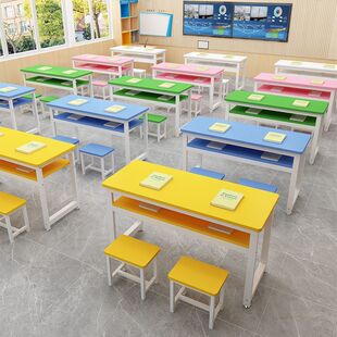 Primary and Secondary School Student Desks and Chairs Combination Long Table Color Tutoring Class Single and Double Double-Layer Training Table