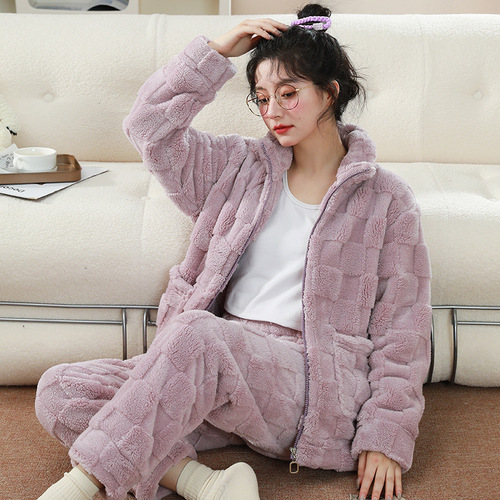 Women's and Men's Autumn/Winter Flannel-Plus-Thickness Stand-Neck Hooded Zip-Up Coral Fleece Pajama Set for Outwear