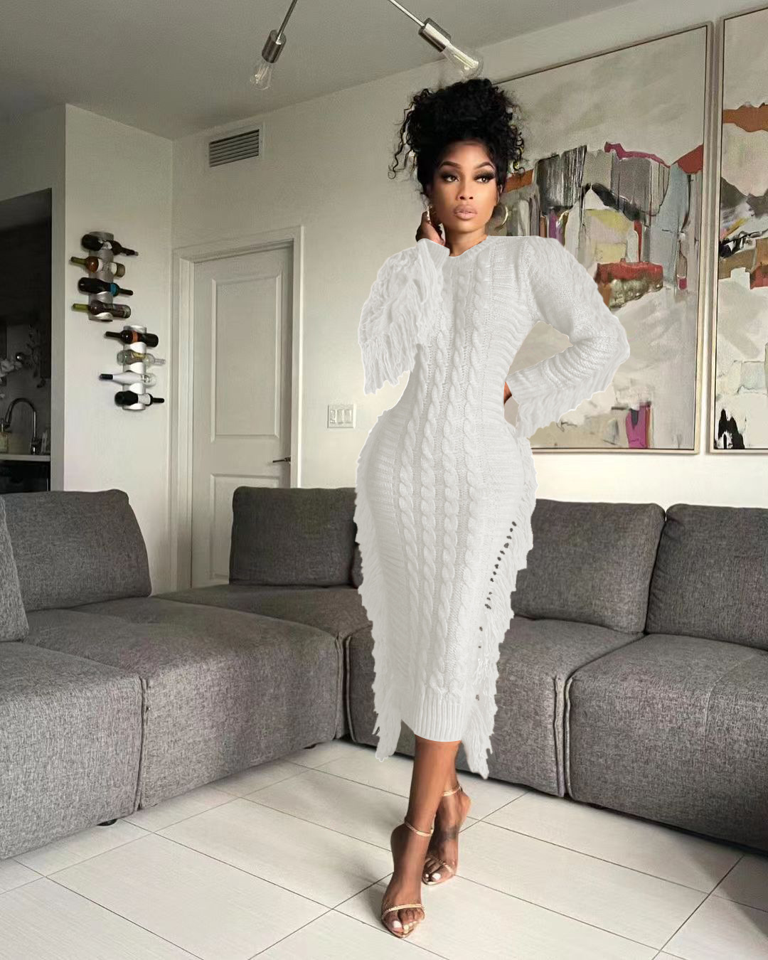 Robe pull femme avec franges longues en maille pour l'hiver_voghion.com