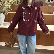 法式秋冬新款复古刺绣图案大口袋宽松休闲翻领长袖夹克外套女短款