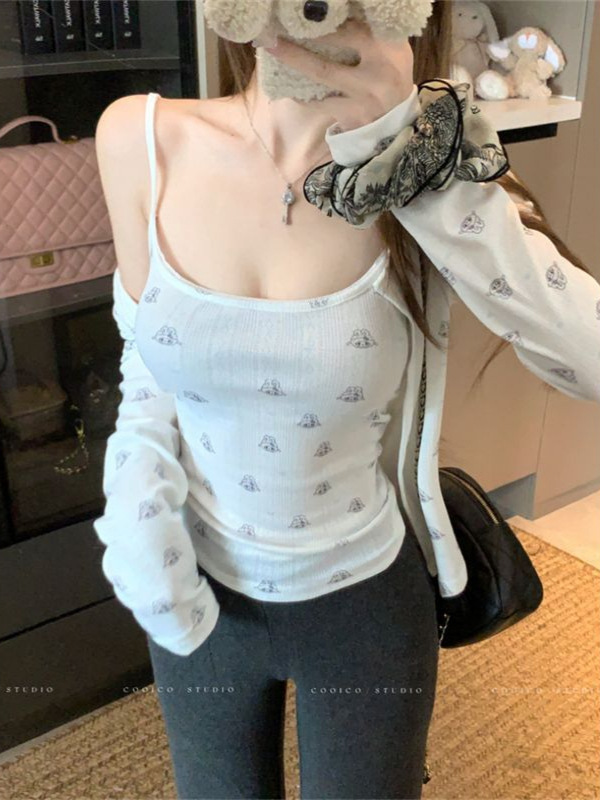 辣妹纯欲风少女感减龄甜美套装女秋季长袖开衫吊带背心上衣两件套|undefined