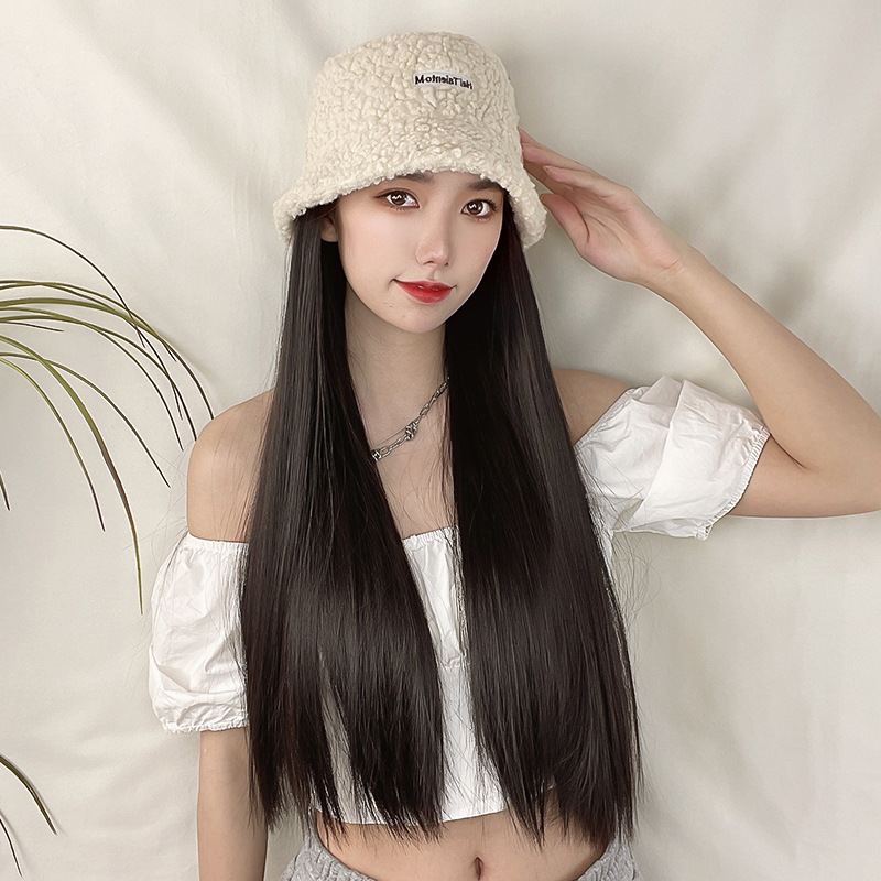 En stock sombrero peluca mujer Pelo Largo fibra química seda peluca cabeza cubierta Internet celebridad coreano pescador sombrero largo pelo recto entrega de una pieza