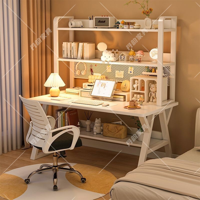 Iron Computer Desk Desktop Desk Bookshelf Integrated Table and Chair Combination Bedroom Office Student Study Writing Desk Table