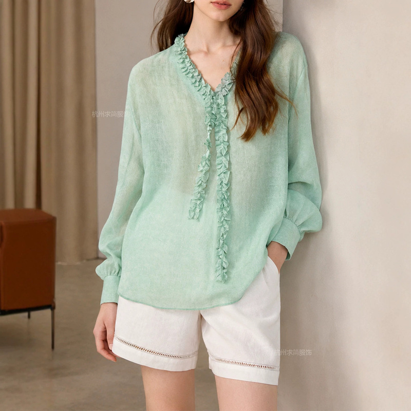 French-Style Romance, Cool Japanese Imported Ultra-Fine Ramie Handmade Ruffled V-Neck Shirt