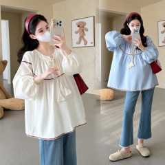 孕妇装上衣2025早秋新款民族风甜美气质遮孕肚系带减龄娃娃款衬衫