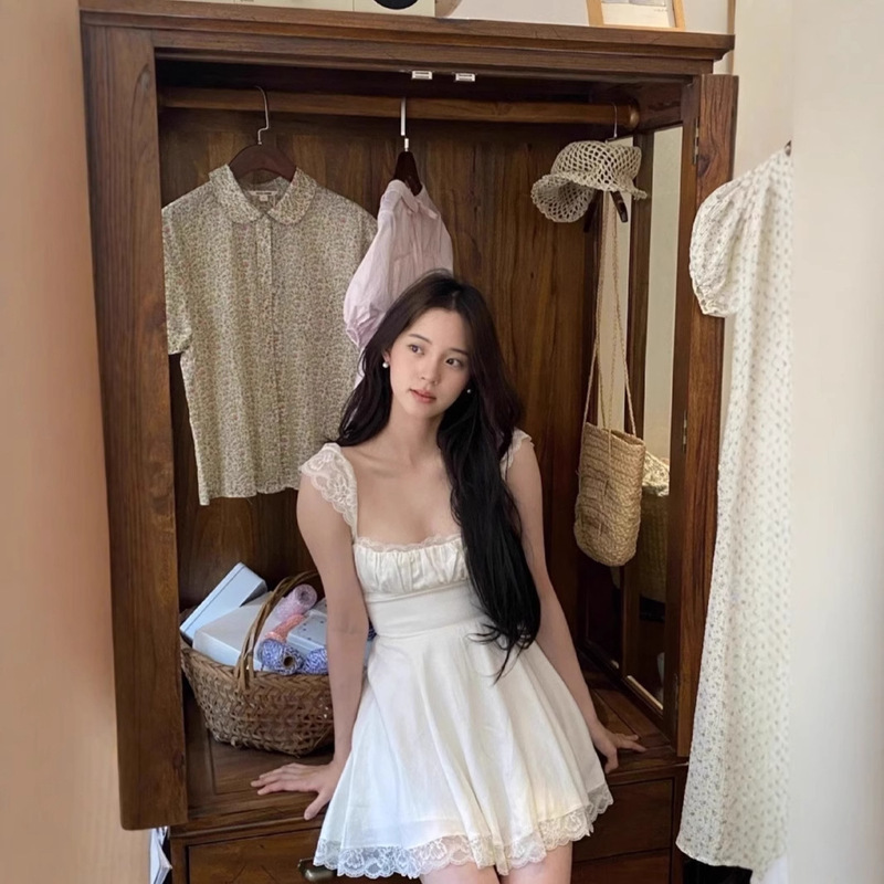 Ouyang Nana's Same Style @House Lace Square Neck Suspender Skirt Slim Backless White French Dress