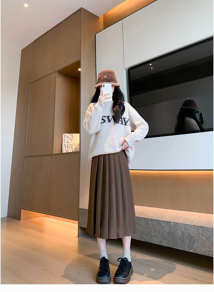 2023 outono/inverno nova saia plissada espessada com elástico e cintura alta emagrecimento e ajuste solto temperamento saia de comprimento médio_voghion.com