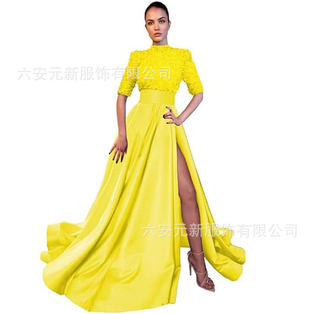 Europeo y americano Amazon AliExpress vestido de fiesta media manga lentejuelas satén vestido de noche A-line vestido de fiesta de hendidura image 15