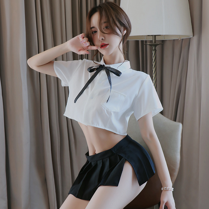 Long Night Sex Lingerie Sexy Perspective White Shirt Bow Uniform Temptation Pleated Skirt 1024