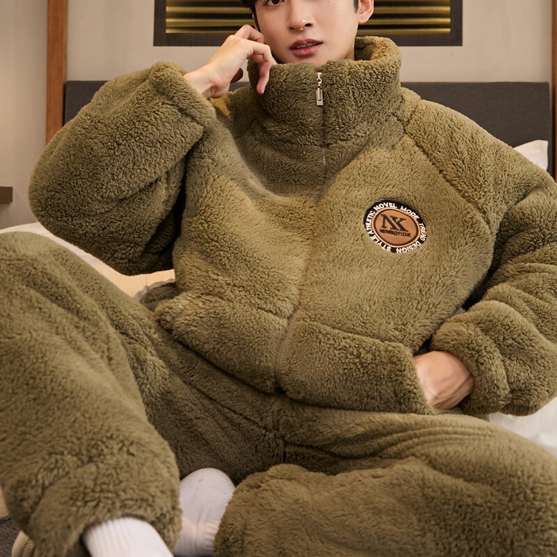 Men's Pajamas Autumn and Winter Coral Velvet Fleece-Lined Thickeneded Flannel Men's Casual Large Size Home Clothes Warm Suit