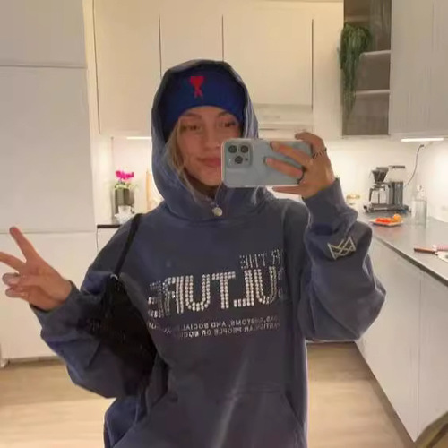 Letter Embossed Rhinestone Print Autumn/Winter Loose Trendy Fashion Pocket Hooded Sweatshirt for Men and Women Couple Set