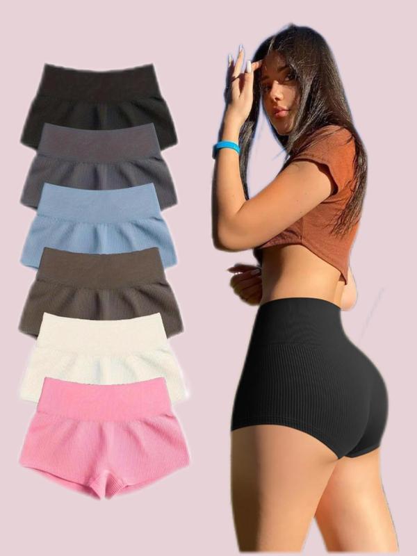 款Women's Solid Ribbed Seams High Waist Gym Shorts|ru