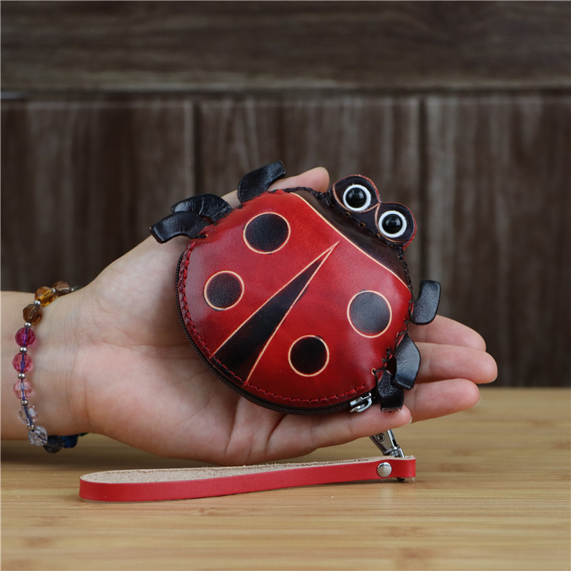 Top layer cowhide creative Coccinella change purse bag key change coin simple cartoon handbag small gift