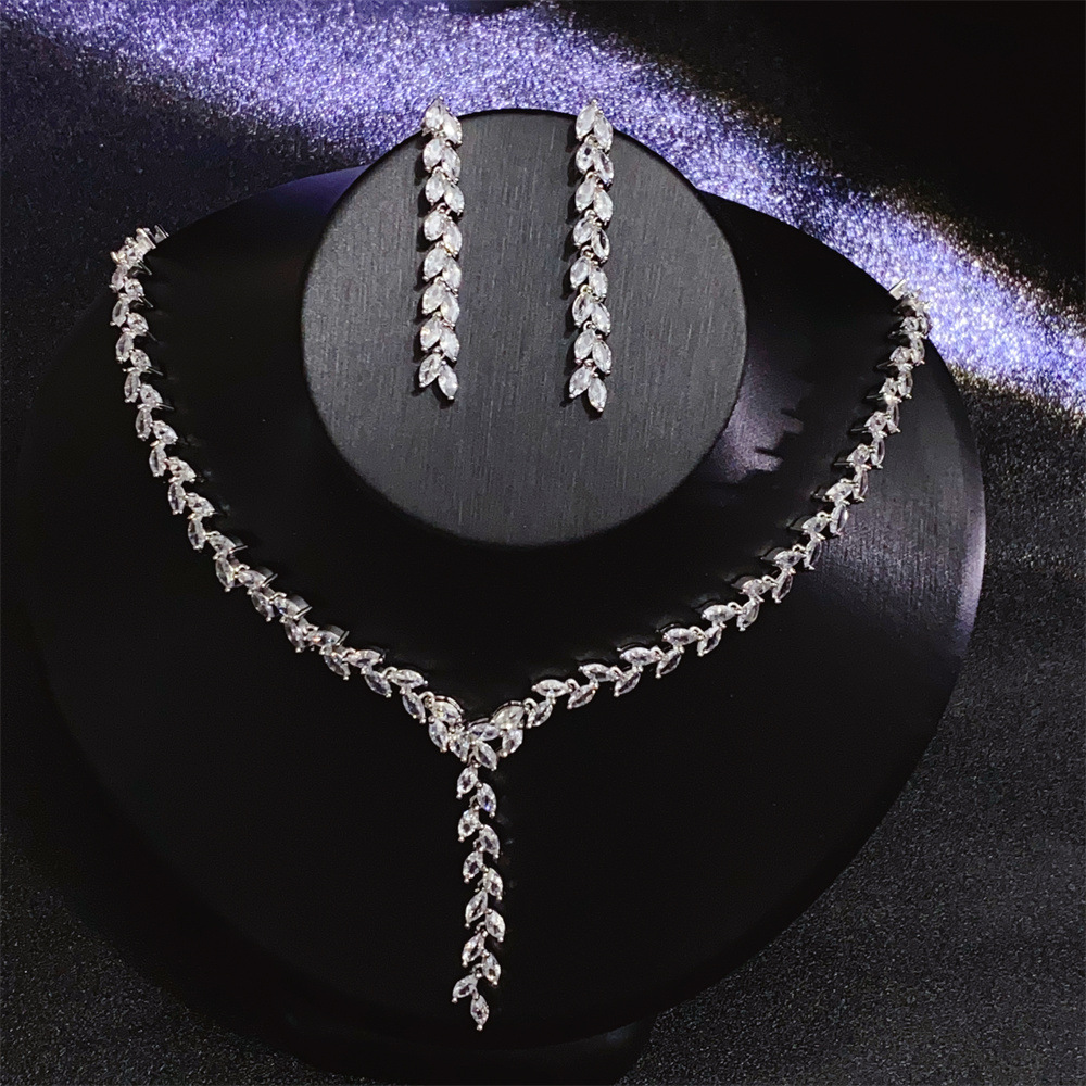 高品质柳叶子流苏项链 新娘婚礼耳环饰品套装jewelry set伴娘聚会