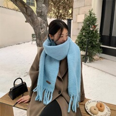 超美しい! 青の白いウールを含む純色のマフラー女性の冬の保温高級感は、首を囲む長いストールを厚くする