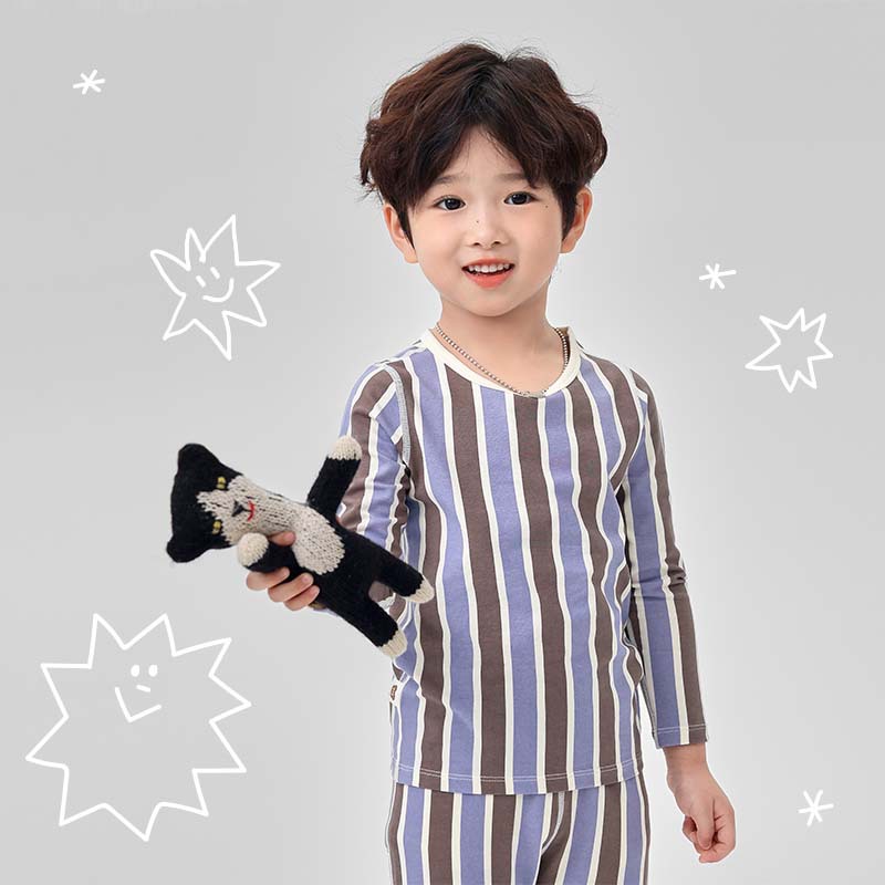 라이크라 어린이 가을 옷과 바지 ZYZ 가을과 겨울 색상 일치하는 줄무늬 아기 잠옷 둥근 목 어린이 열 속옷 세트