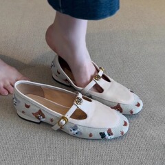 スポットバージョン～女性用スプライススリッポンメリージェーンローファー、ローヒールワンラインバックル椿刺繍シューズ