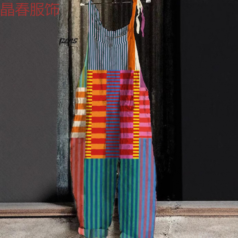 New Foreign Trade Cross-Border Women's Suspender Pants European and American Animal Retro Print One-Piece