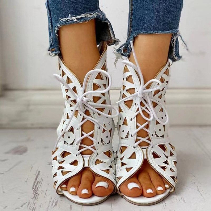 Women's Summer Open-Toe Hollow High-Top Sandals, Foreign Trade Supply, Front-Strap Carved Roman Boots, Vintage and Unique Style
