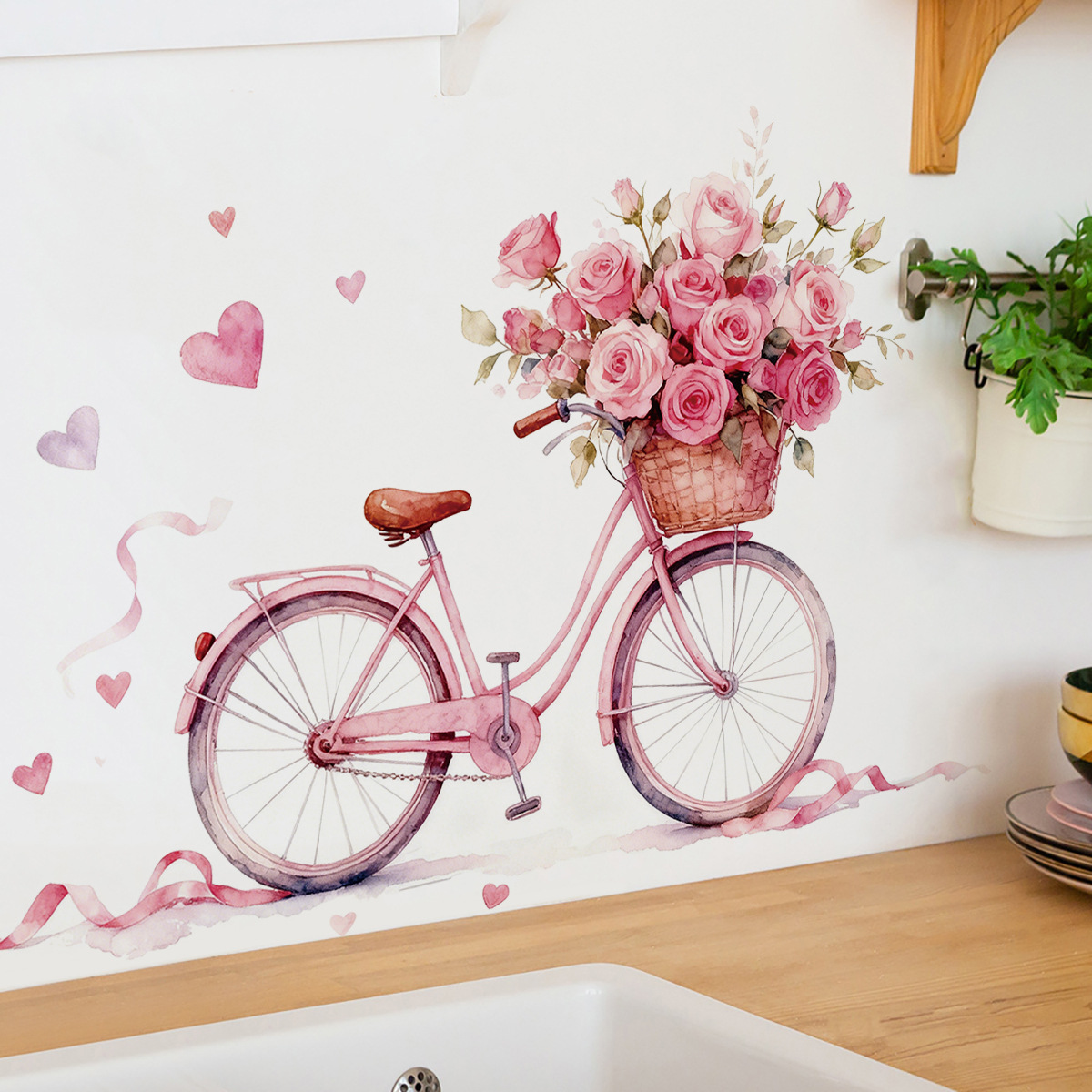 Pink Floral Wallpaper Valentine's Day Stickers Family Living Room White Wall Decoration Painting Warm Bicycle Rose Stickers