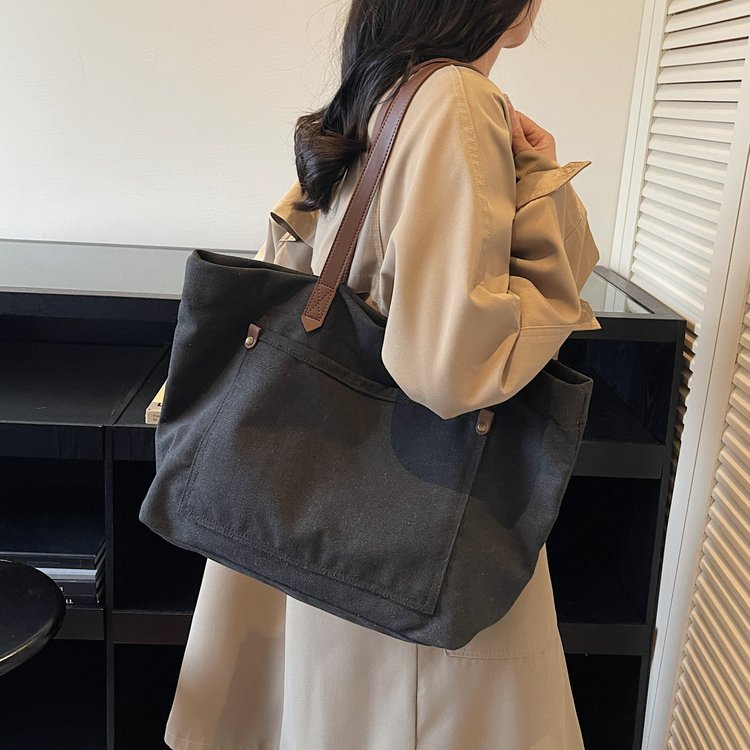 文艺复古大容量手提包女纯色百搭慵懒风单肩包学生上课通勤托特包