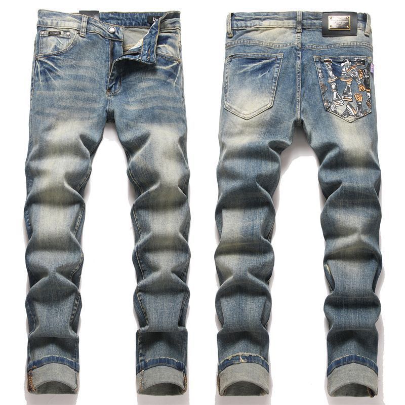 26 Light Luxury Stretch Dg Jeans with Punk Print for Men, Blue Vintage Slim Fit Distressed Long Pants for Men