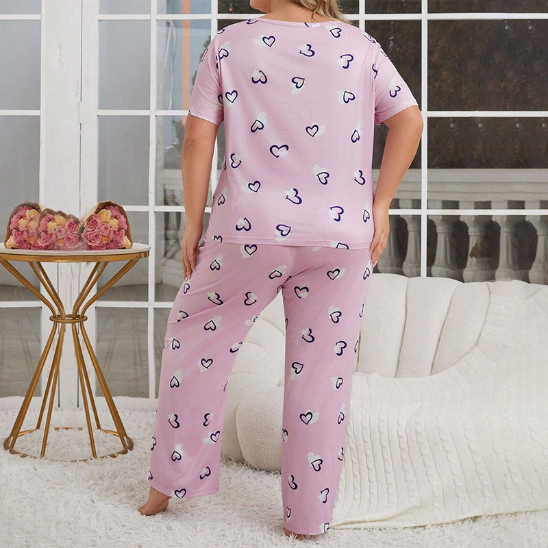 Plus Size Women's Autumn Winter Pajamas Set Heart Print Round Neck Short Sleeve Long Pants Loungewear_voghion.com
