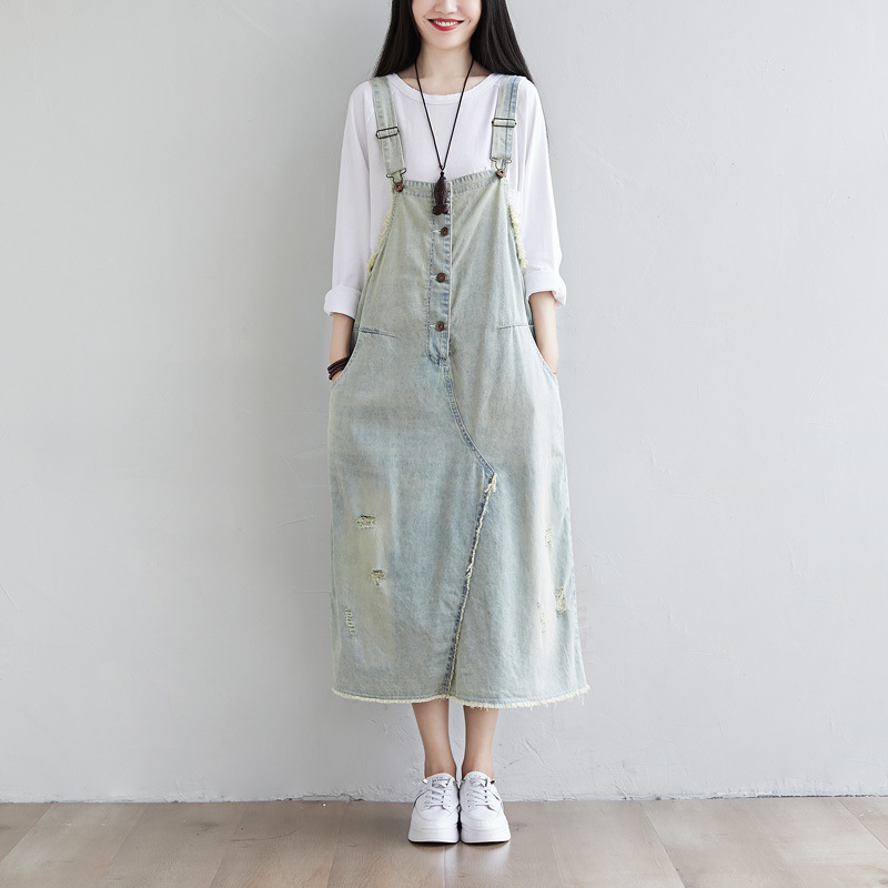 2025 New Summer Style Washed Retro Furry Edge Personalized Long Dress Plus Size Suspender Denim Skirt