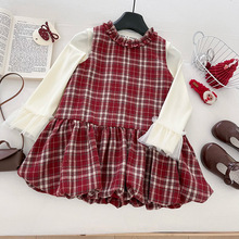 2025秋季女童新款女宝宝洋气时尚格纹背心裙花边衬衫两件套