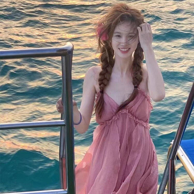 海边拍照裙子荷叶边挂脖吊带连衣裙粉色仙女裙超仙甜美度假沙滩裙
